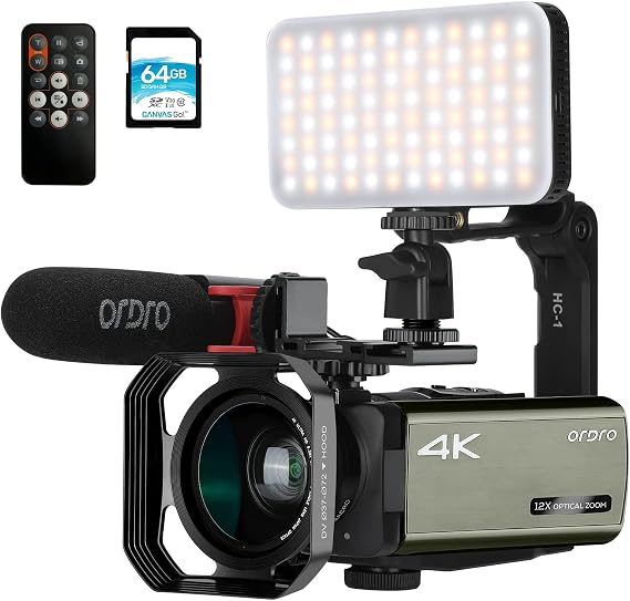 ORDRO 4K Video Camera Camcorder 12X Optical Zoom 100X Intelligent Zoom, 4K Ultra HD 60FPS Camcorder, Auto Focus Vlogging Camera 3.5" IPS Touch Screen w Mic, Wide Angle Lens, 64G SD Card