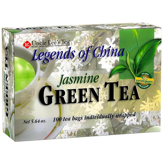 Uncle Lees Premium Green Tea with Jasmine Flowers, Lightly Caffeinated, 100 Count Antioxidant-Rich Young Tea Leaves in Individually Wrapped Bags, 5.64 Oz