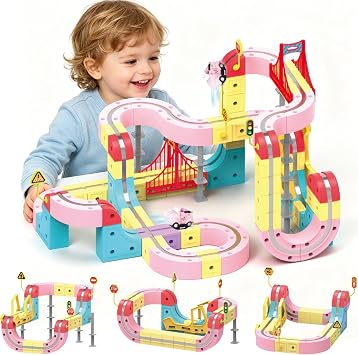 DEGIDEGI Electric Train Set for Kids, 115PCS Pink Anti-Gravity 3D Race Track with LED Light-Up Motorized Car, Magnetic Modular Building Kit, STEM Educational Toy Gift for Boys Girls Ages 3-8