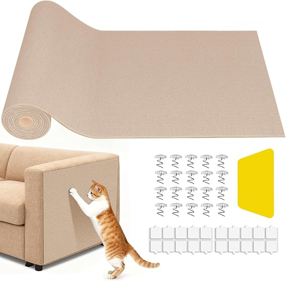40 x 200cm Cat Scratching Mat Self-Adhesive Anti Scratch Furniture Matt for Cats DIY Cuttable Climbing Pad Scratcher Protector for Wall, Sofa, Floor, Chairs, Carpet (Khaki)