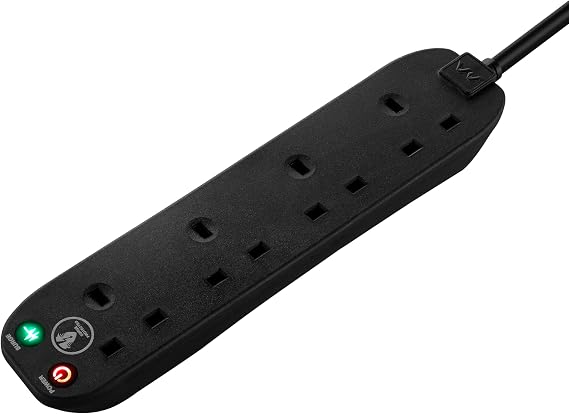 Masterplug Four Socket Extension Lead, 2 Metre Cable, Surge Protection, Power and Surge LED Indicators, Unswitched, 4-Way Plug Extension Cable, Power Strip, Black, 13A, 4G, 2m, SRG4210NB