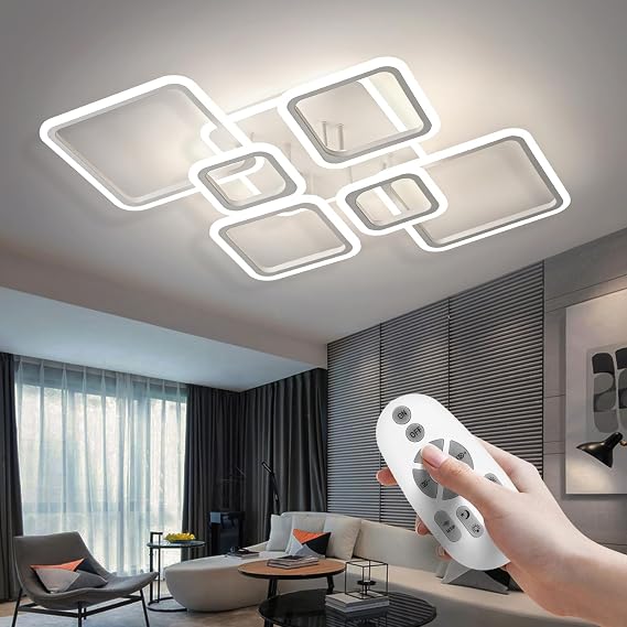 OKELI Modern LED Ceiling Lights, Dimmable Acrylic 6+1 Square Rings Ceiling Lights with Remote, Large White Flush Mount Ceiling Light Fixture for Bedroom Living Room Dining Room, 48W [Energy Class G]