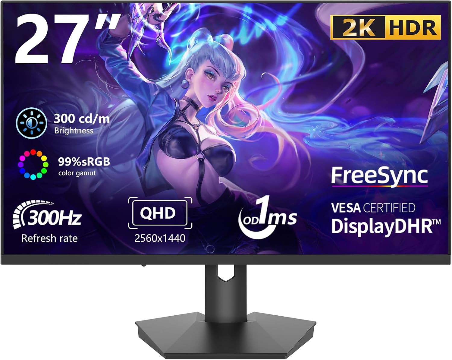 27 inch Gaming Monitor 300Hz, QHD 2K, IPS Panel, 0.5ms Response Time, Adaptive sync, PC Computer Monitor, 3-Sided Frameless, Ultra Slim, 132% sRGB, with DP Cable up to 300Hz, DP2, HDMI2