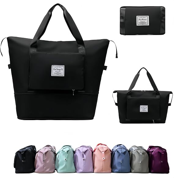 Large Capacity Foldable Travel Bag, Expandable lightweight Carry on Bag, Dry with Wet Separation Spor Duffel Bags (Black)