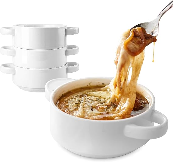 Modern Innovations 20 oz French Onion Soup Bowls with Handles in White (Set of 4) Oven and Microwave Safe Bowl, Stoneware Stackable, Large Ceramic Crocks, 2 Handle Crock