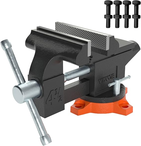 VEVOR Bench Vise, 4.5-inch Jaw Width 3.3-inch Jaw Opening, 240-Degree Swivel Locking Base Multipurpose Vise w/Anvil, Heavy Duty Cast Iron Workbench Vise w/Bolts & Nuts, for Drilling, Pipe Cutting | for Drilling Grinding Cutting, with Large Anvil Area, Multipurpose Workbench Vise, Heavy Duty Cast Iron, with Bolts & Nuts