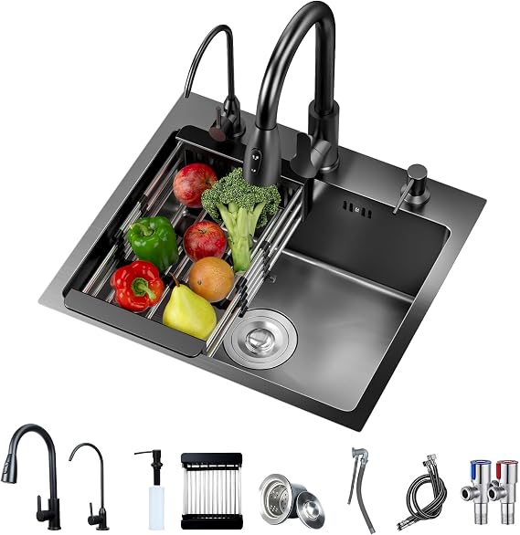 Black Kitchen Sink, Waterfall Kitchen Sink, Stainless Steel Single Bowl Sink, Includes Drainage Pipes and Fruit Baskets, Corner Kitchen Workstation Sink (19.7" x 17.7")
