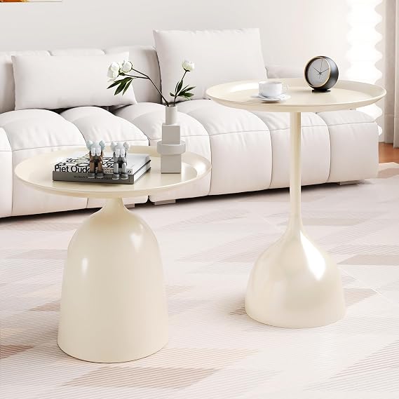 Round Coffee Table and End Table Set for Living Room, White Modern Side Table, Set of 2 Nesting Coffee Tables, Funky Metal Accent Table for Bedside,
