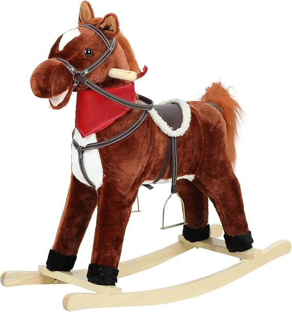 Rocking Horse Toy for Kids Plush Ride on Animal with Wooden Rockers, Moving Mouth and Wagging Tail, Musical Sounds, Baby Rocking Chair, 120kg Weight Capacity, Ages 1-6 Dark Brown Middle