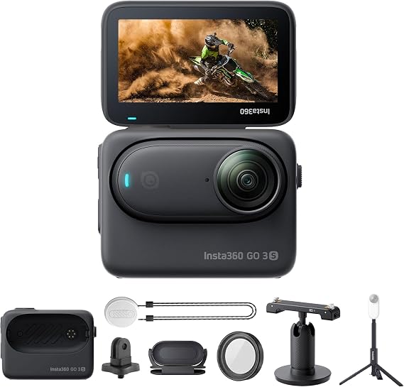 Insta360 GO 3S (Black) 128GB Tiny Mighty 4K Action Vlogging Camera, Portable, Mount Anywhere, Waterproof, Stabilization, Hands-Free POV, + Action Pod and Wearable Accessories + Selfie Stick + Tripod