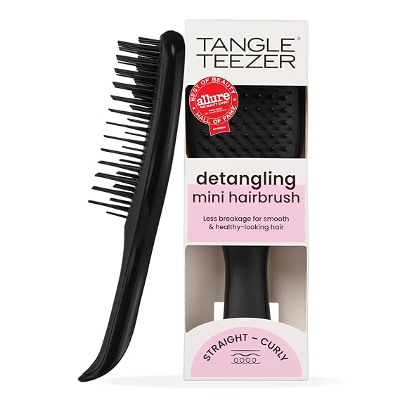 Tangle Teezer Ultimate Detangler Mini Hair Brush, Black | Travel-size brush with patented two-tier teeth; on-the-go detangling for straight to wavy hair, helps reduce breakage & frizz