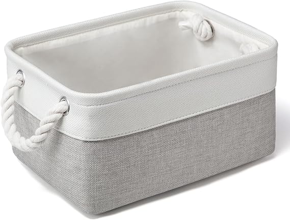 Small Storage Baskets With Handles, Fabric Canvas Material Storage Box for Home Office Products Organize, Small Storage Box Fit Cat Dog Toy, Gift Basket, 31 X 21 X 16 cm (White & Light Grey-1pcs)