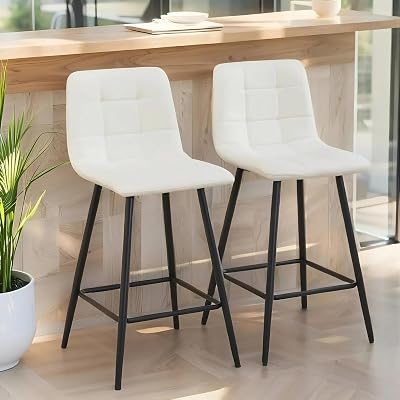 JUFU Bar Stools Set of 2, 24 Inch Counter Height Chairs with Modern Design, Durable Metal Frame, Ergonomic Seats and White Scratch-Proof Leather, Great for Families, Fits Home Bars and Kitchen Islands