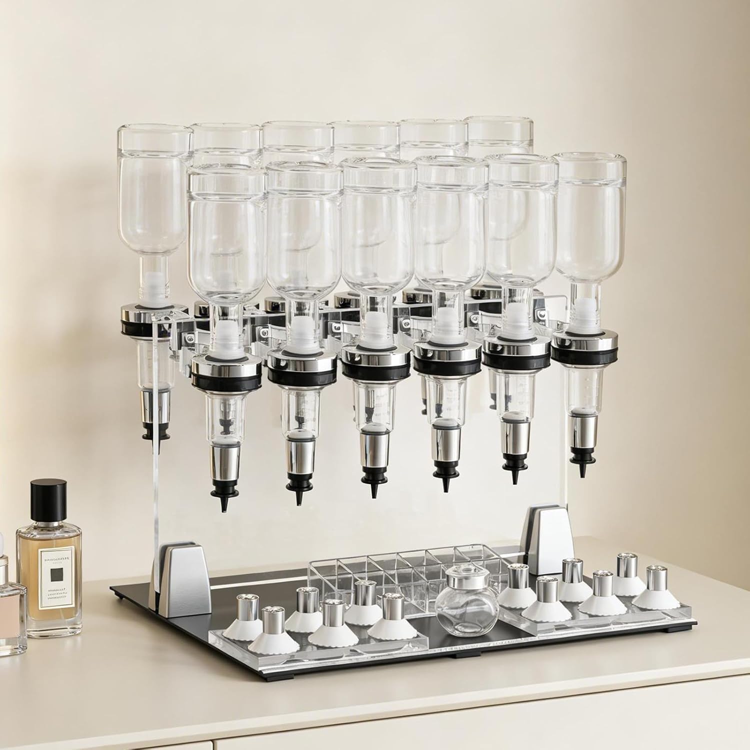 Perfume Filling Station, Adjustable Pump Heads, Scent Testing Cups, 12 Bottles for Perfume Store Studio Salon Bar