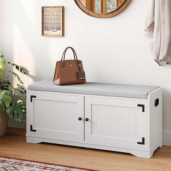 2-Tier Shoe Storage Bench, 100cm Hallway Bench with Cushion, 2 Doors, White | Entryway Bench with Handles, Adjustable Shelf for Living Room, Bedroom, Front Door, Closet