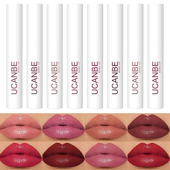 UCANBE 8 Pcs Lightly Glossy Lipstick Set - Waterproof Lip Stain - Liquid Lip Color - Long Lasting Lip Gloss - Smuge proof Korean Makeup - Lip Stick Christmas Gifts for Women