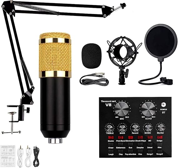 Condenser Micro Bundle, Bm-800 Mic Kit with Live Sound Card, Adjustable Mic Suspension Scissor Arm, Metal Shock Mount and Double-Layer Pop Filter for,
