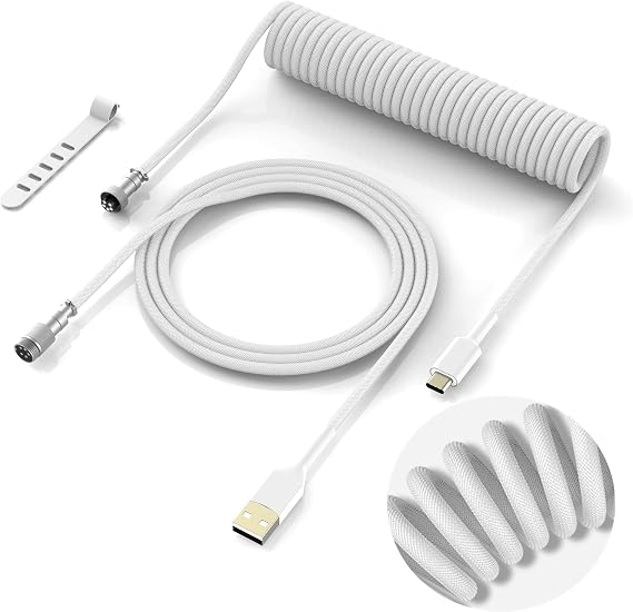 Womier Coiled Keyboard Cable - Detachable Aviator Coiled Cable White | Coiled Cable for Mechanical Gaming Keyboard, Type C to USB A Mix 5.9in for Gaming Key board and Cellphone, White