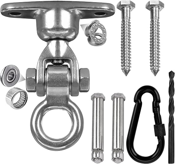 Heavy Duty Swing Hangers With Carabiner, 360° Rotatable Swing Hook | 304 Stainless Steel Ceiling Wooden Mount Swing Hook for Hammock Chair, Porch Swing, Gym Sling Trainer, Punching Bag, 680KG