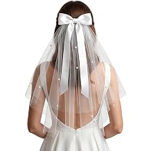 Bride Veil, Short White 22.4 Inch Bachelorette Veil with Bow & Pearls - Elegant Tulle Comb Hold, Bridal Bridesmaid Gift for Women and Girls