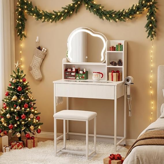 YOURLITE Vanity Desk with Mirror and Lights, Fluted Makeup Vanity Set with Chair and Drawers for Small Space, White Dressing Table with Pegboard for Bedroom