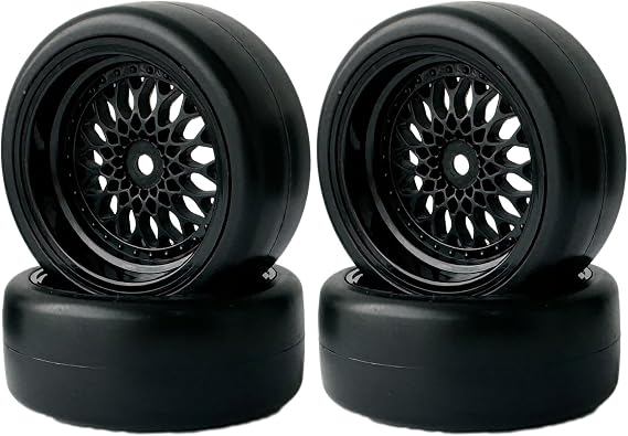 4PCS Drift Wheels Tires Set,WONFAST 63mm RC Hard Tyre with Plating Plastic Wheel Rims 12mm Hex for 1/10 RC On Road Racing Touring Drifting Car for Tamiya TT01 HSP HPI Kyosho(Black,Offset:3mm)