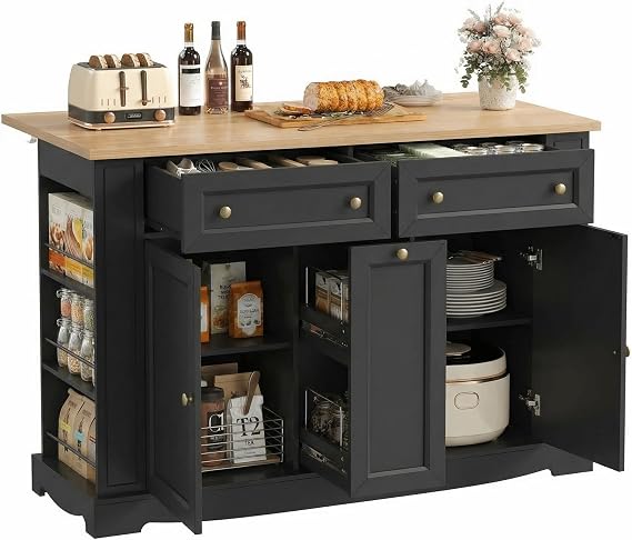 FACBOTALL Kitchen Island with Storage, Kitchen Storage with Drop Leaf Countertop, Rolling Island Table with Open Spice Rack, Kitchen Cart Island on Wheels 2 Drawers & Pull-Out Slim Bar Cart, Black