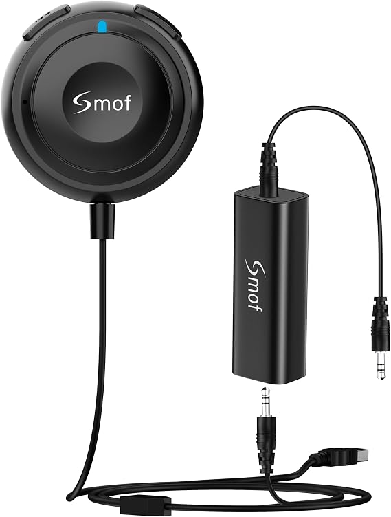 Smof Bluetooth Aux Car Adapter, BT5.2 Audio Receiver for Car/Home Stereo | 3.5mm Aux Bluetooth Adapter with Ground Loop Noise Isolator, Hands-Free Calls, Dual Connection