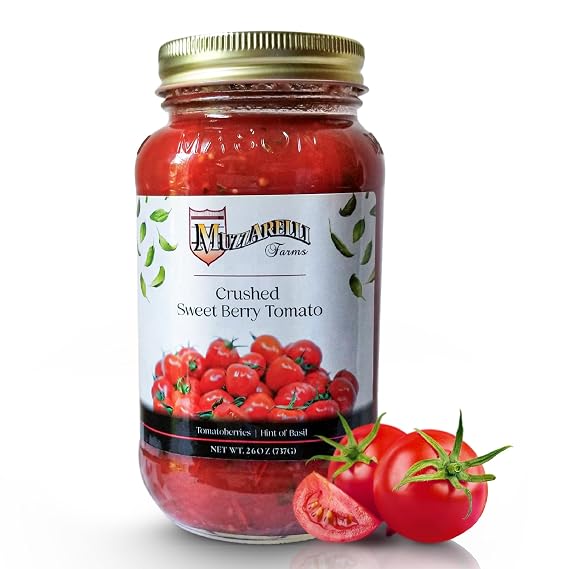 MUZZARELLI FARMS Crushed Sweet Berry Tomato | Gift Ready | Jersey Fresh Flavorful | Family Recipe for 60 years - No Gluten, Low Carb - No Preservatives - All Natural -26 fl oz Glass Mason Jar | Hand-Selected Tomatoes Bottled for Peak Freshness and Flavor. Made in Vineland, New Jersey USA