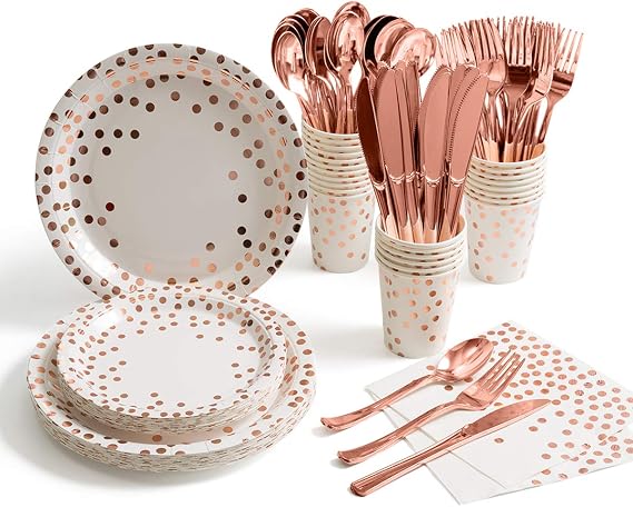 HOMIX 175 Pieces Rose Gold Party Supplies - Rose Gold Dot on White Paper Plates and Napkins Cups Silverware Serves 25 Sets for Wedding Bridal Shower Engagement Birthday Parties
