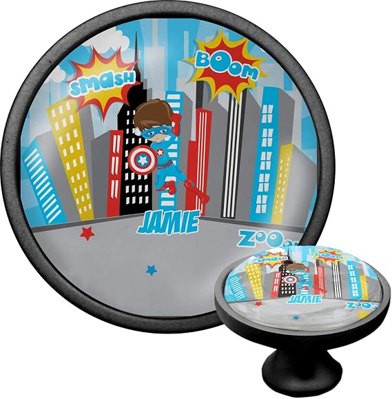 Personalized Superhero in the City Cabinet Knob (Black)