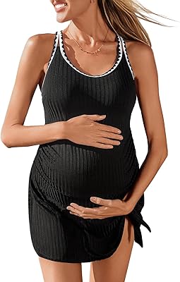 Summer Mae Ribbed Maternity One Piece Swim Dress Pregnancy Swimsuit with Built-in Bottom Swimwear Tie Knot Skirt Bathing Suit