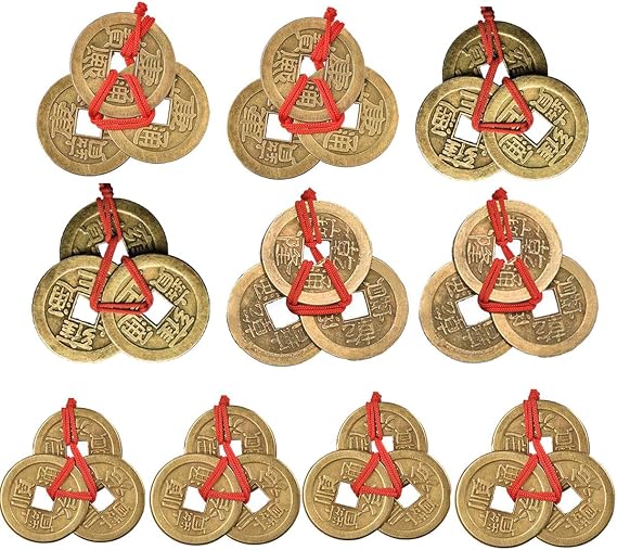 10 Sets Chinese Fortune Coins Feng Shui Coins I-Ching Coins Traditional Coins with Red String for Wealth and Success