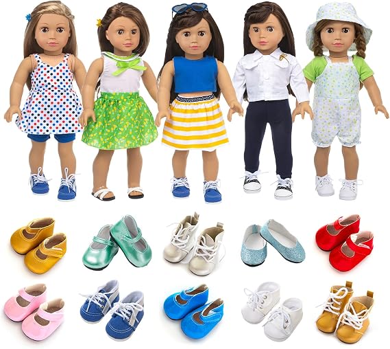 XFEYUE 5 Sets American 18 Inch Doll Clothes and 2 Random Style Shoes