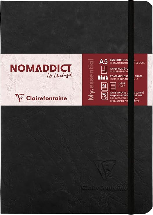 Clairefontaine 793461C Age Bag Collection A My.Essential Black Sewn Elasticated Notebook - A5 14.8x21 cm - 192 Lined Numbered Pages - 90 g Ivory Paper - Grain Leather Glossy Card Cover