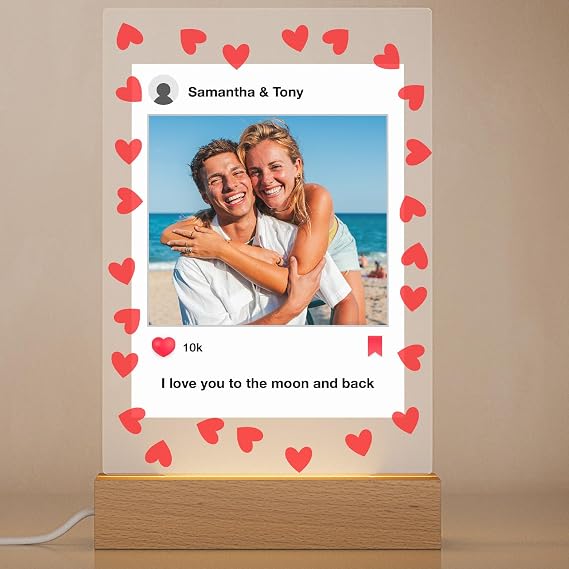 florithings Personalized Acrylic Social Media Plaque, Custom Instagram Inspired Photo Design with Names & Caption, UV Printed Clear Acrylic Sign, Optional LED Base, Romantic Gift