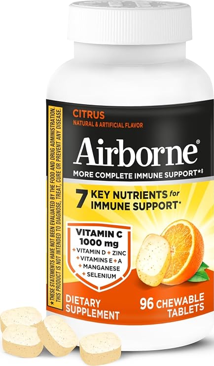 Airborne Vitamin C 1000mg (per Serving) - Citrus Chewable Tablets (96 Count in a Box) - Packaging May Vary