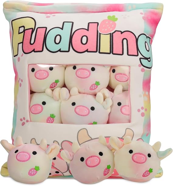 HXPLN Cute Snack Pillow, Kawaii Pudding Plush Pillow & Stufed Toys - Removable, Gift for Teenagers, Girls & Children (6 Colorful Cow)