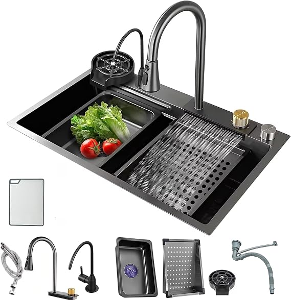 Stainless Steel Black Kitchen Sink, Drop In/Topmount Workstation Single Bowl Sink with Sliding Accessories, Farmhouse Workstation Sink with Multiple Accessories (31.5 x 18.1in)
