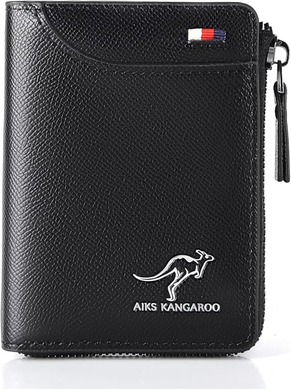 Men Wallet Zipper Genuine Leather Purs, Aiks Kangaroo Wallets, PU Stylish Soft Simple Design RFID Protected Wallet (Texture Black)