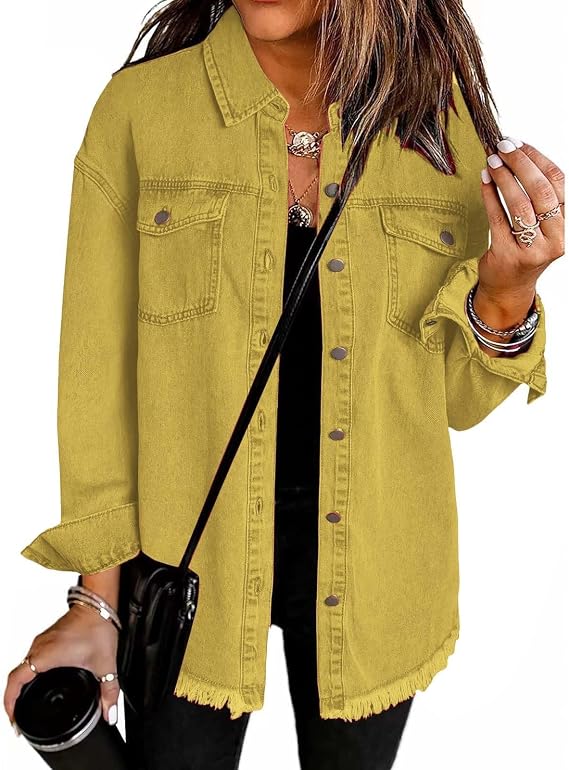Jean Jackets for Women Oversized Button Up Frayed Hem Shacket Denim Coat | Fashion Washed Denim Jacket Boyfriend Jean Coats Casual Long Sleeve Denim Jean Jackets Coat with Pockets