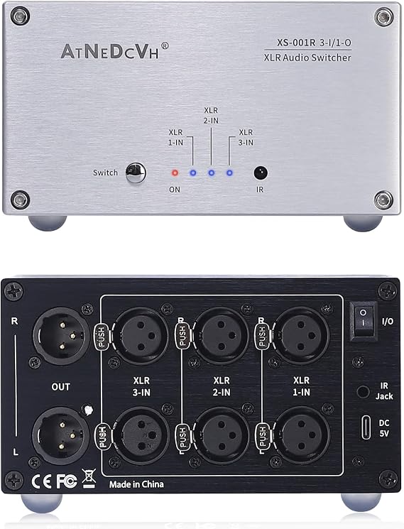 AtDcNeVh XLR 3 in 1 Out Audio Switcher, 3-Way Balanced Audio Switch Converter - Speakers Amplifiers Audio Selector Box - with Remote Control