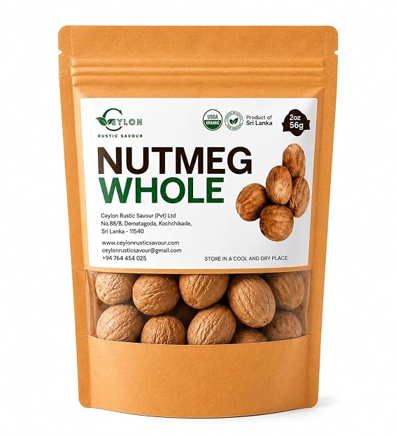 Ceylon Rustic Savour Organic Whole Nutmeg, USDA Certified Organic Nutmeg Seeds, Premium Ceylon Spice from Sri Lanka, Fresh Aromatic Flavor for Baking, Cooking, Coffee, Chai & Desserts, 2 Oz