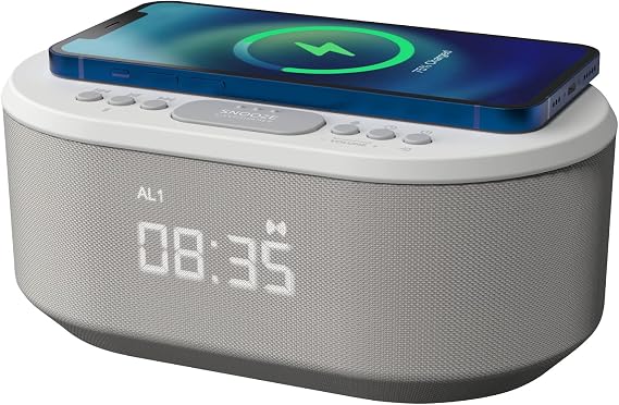 i-box Alarm Clocks Bedside, Alarm Clock with Wireless Charging, Bluetooth Speaker, Radio Alarm Clock, Fast Qi Wireless Charger, Mains Powered, FM Radio, USB Charging Port, Dimmable, Non Ticking