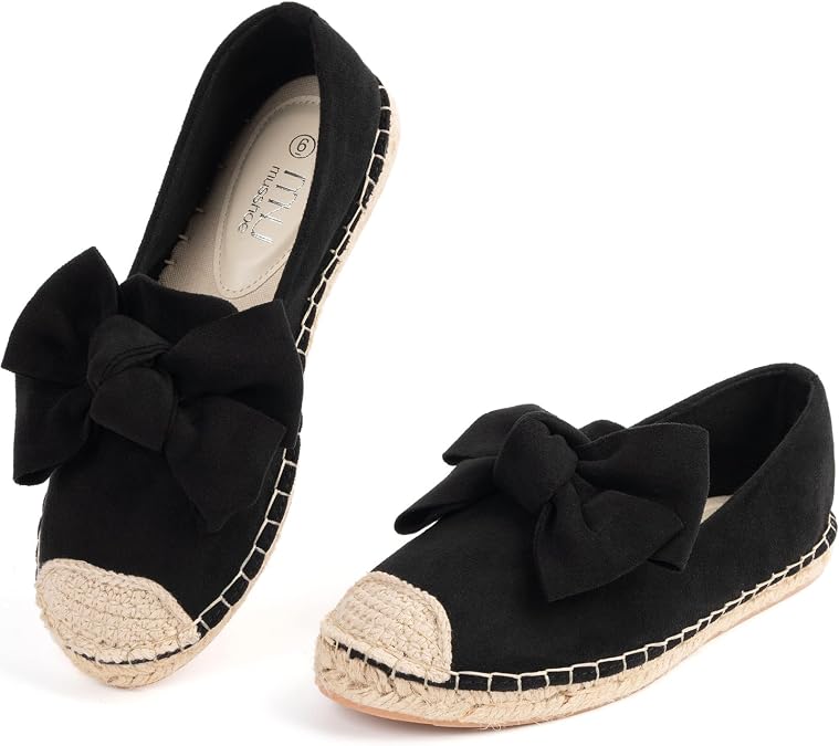 MUSSHOE Casual Espadrilles for Women Flats: Comfort Closed Toe Autumn Linen Sole Ballet Flats with Bow - Lightweight Slip on Walking Shoes for Vacation&Daily