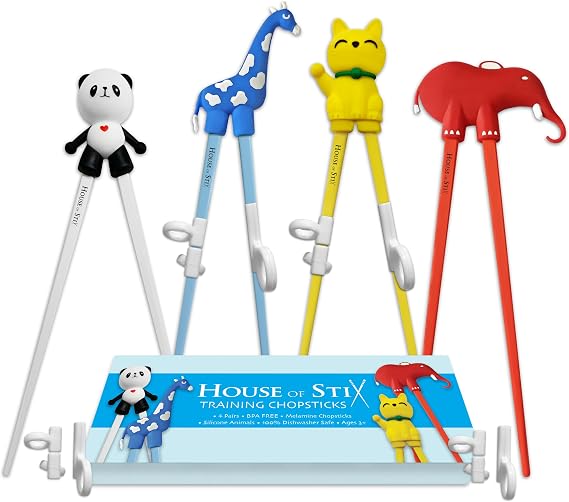 Kids Training Chopsticks for Toddlers, Kids and Adults with 4 Pairs of Removable Finger Helpers, Animal Design, BPA-Free, Dishwasher-Safe (Mixed 4-Pack)
