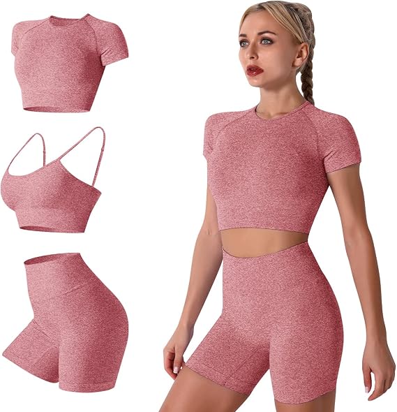 Women Seamless Yoga Outfits 3 Piece Workout Short Sleeve Crop Top Gym Sport Bra High Waisted Running Shorts Activewear