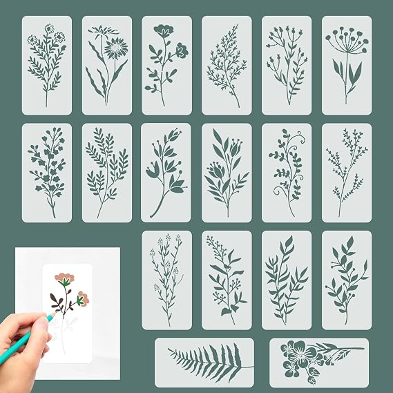 18 Pieces Reusable Stencils, Nature Flower Stencils | For fabric painting, drawing templates of floral leaves for wood canvas DIY art card notebook scrapbook window wall decor