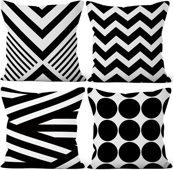 Geometric Pillow Covers Black White Minimalist 16x16 Set of 4 | Striped Line Circle Geometry Modern Linen Pillowcases Sofa Bedroom Outdoor Living Room Garden Patio Decorative Cushion Covers