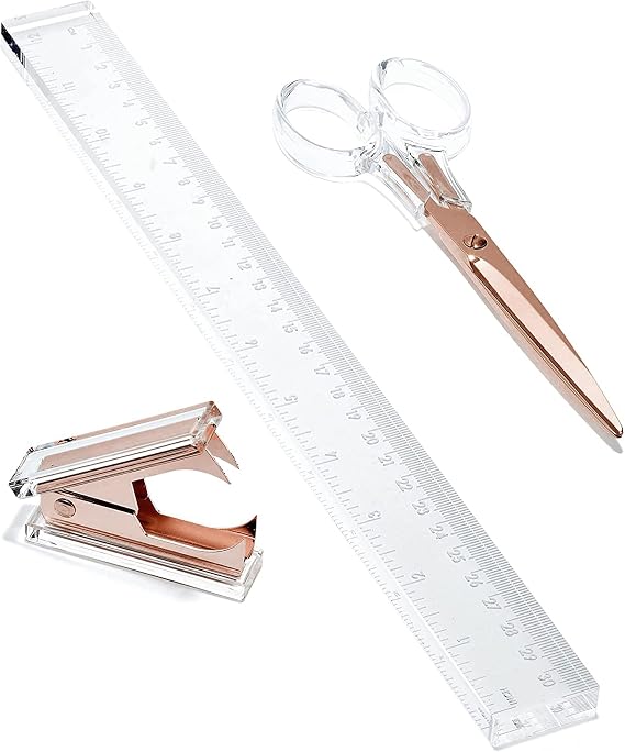 OfficeGoods Juego de computadora acrílico de 3 piezas, incluye regla, removedor de grapas, tijeras, accesorios de computadora funcionales y elegantes, herramientas de papelería para el hogar, la